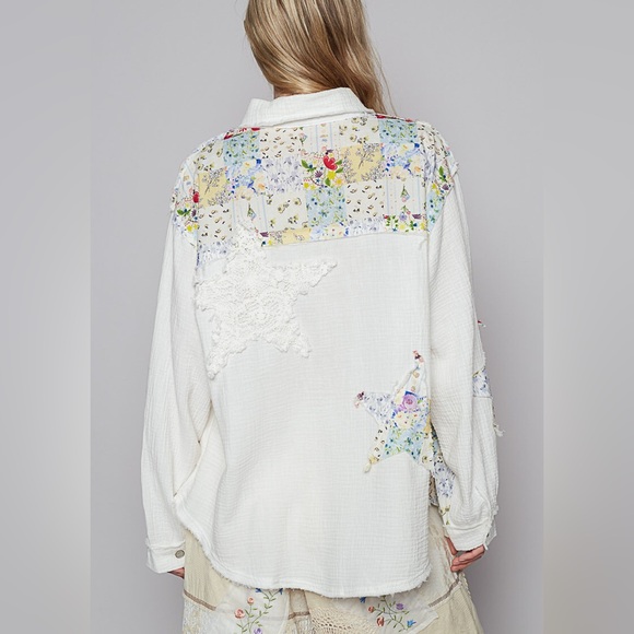 POL Star Patchwork crochet lace Floral Embroidered White button down top shirt - Picture 3 of 3